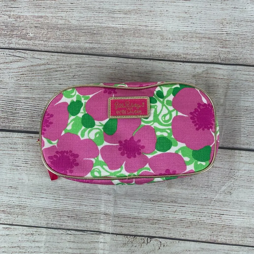 Lilly Pulitzer for Estee Lauder Pink Floral Cosmetic Travel Makeup Bag Zip